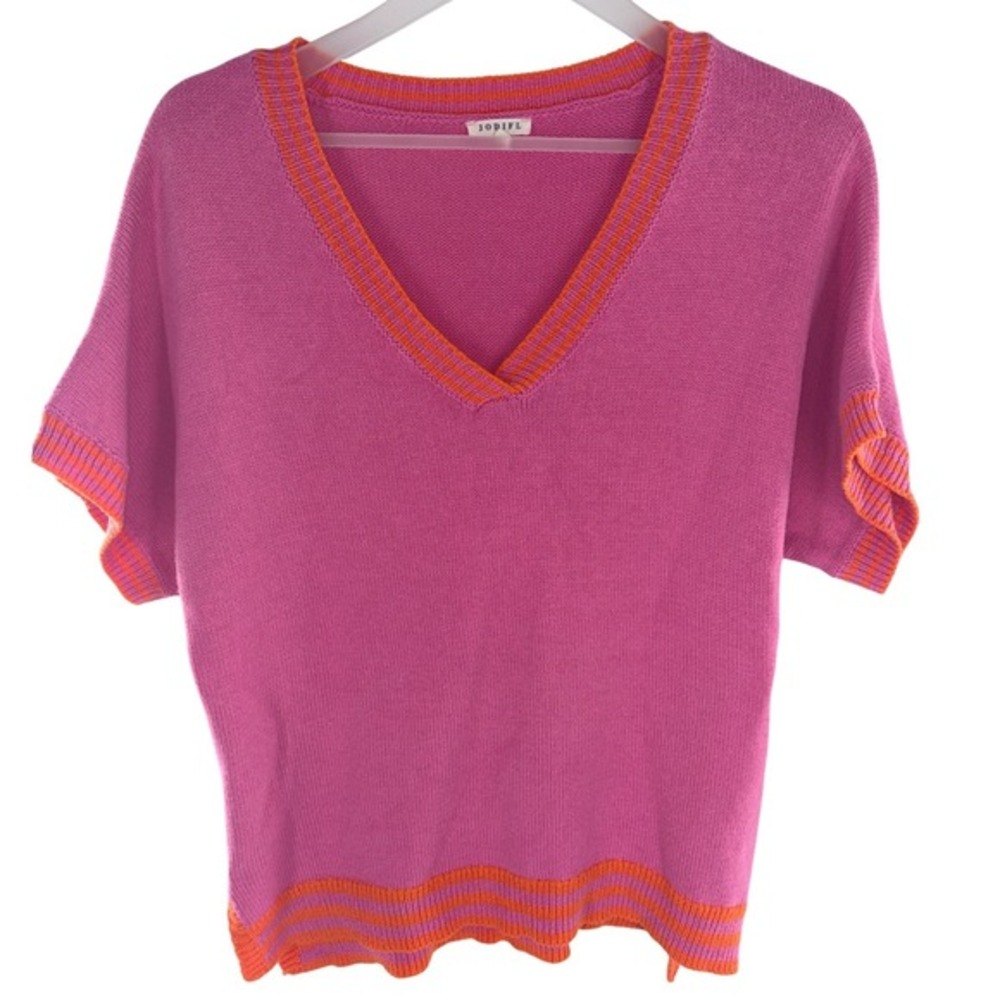 Jodifl V-Neck Short Sleeve Sweater Striped Trim Size Medium Pink Orange